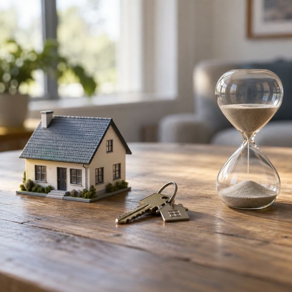 Model house, keys and hourglass representing the decision to buy a home now or wait